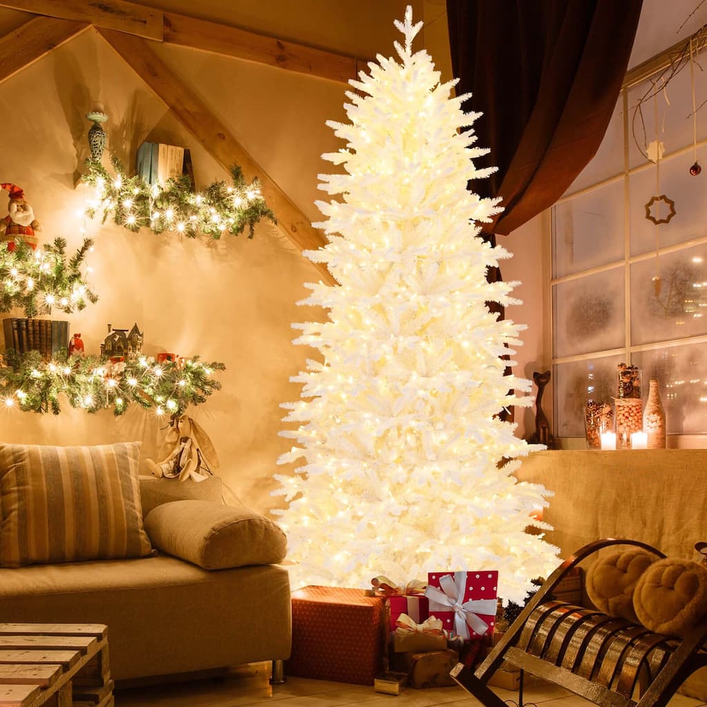 Pre-Lit Christmas Tree Snow Flocked Xmas Tree Hinged Holiday Tree - White