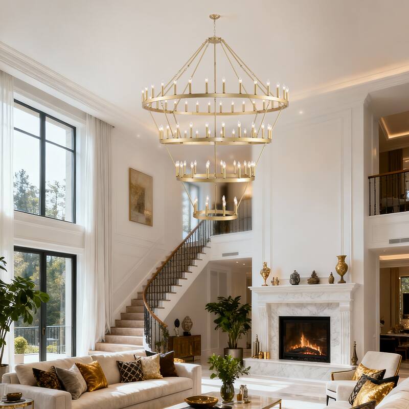 70.87INCH Tiers Wagon Wheel Chandelier Farmhouse 60-Light, Gold Color Metal 4-Story Light Fixtures Adjustable Height E12