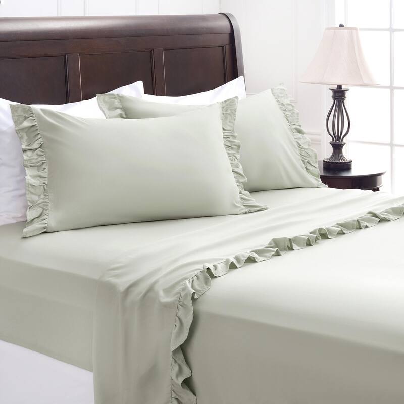 Chanasya Ruffle Soft Chic Microfiber Sheet Set - Sage - Queen