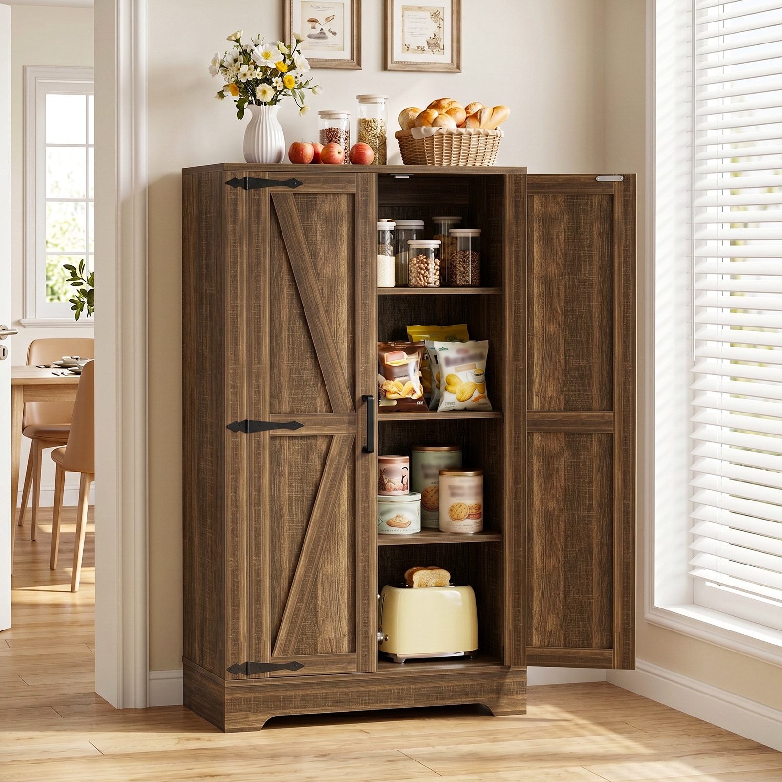 Farmhouse Pantry Cabinet with Barn Door, Freestanding Kitchen Storage Organizer with 4 Adjustable Shelves - N/A