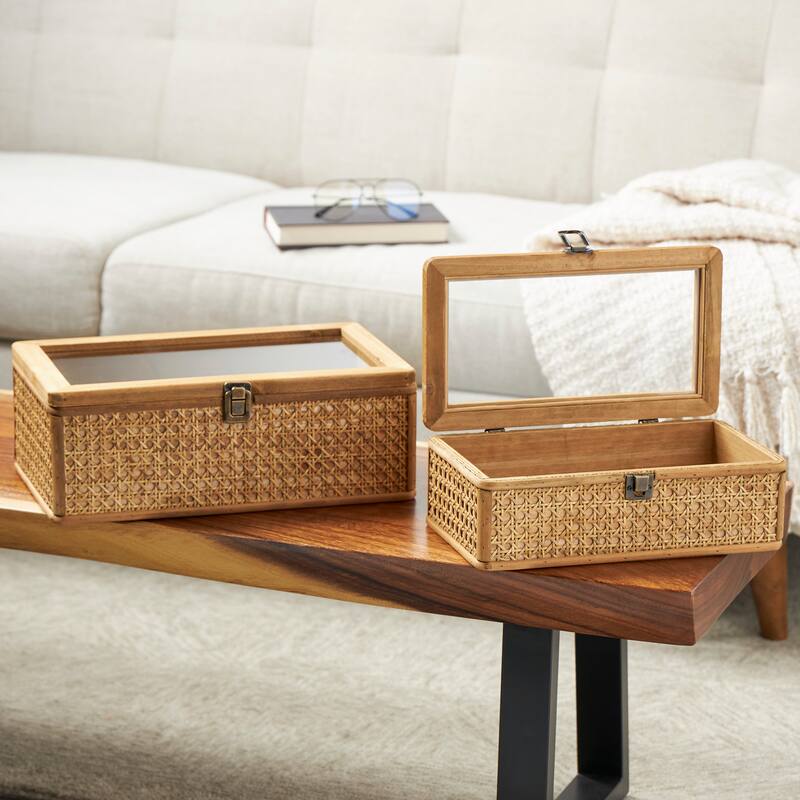 Brown Rattan Handmade Woven Rattan Box with Glass Tops and Bronze Latches (Set of 2) - Brown