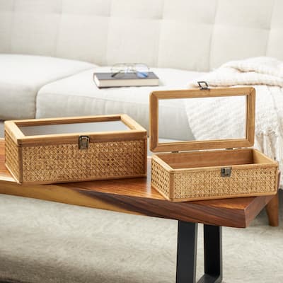 Brown Rattan Handmade Woven Rattan Box with Glass Tops and Bronze Latches (Set of 2)