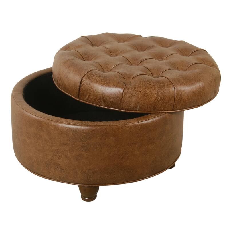 Gery 25 Inch Round Accent Storage Ottoman with Tray Top in Brown Faux Leather