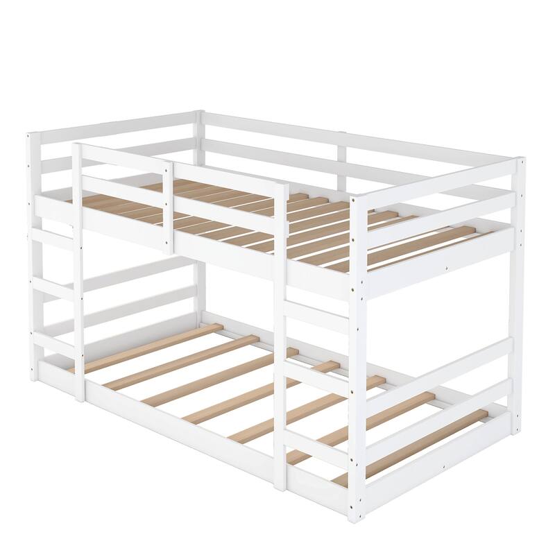 Solid Pine Twin Bunk Bed, Ladder, Full-length Guardrail, Space-Saving