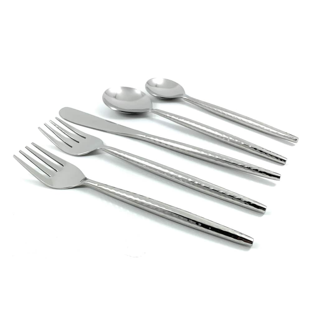 VIBHSA Stainless Steel Flatware Set of 5 Pieces (Hammered, Silver Glossy)