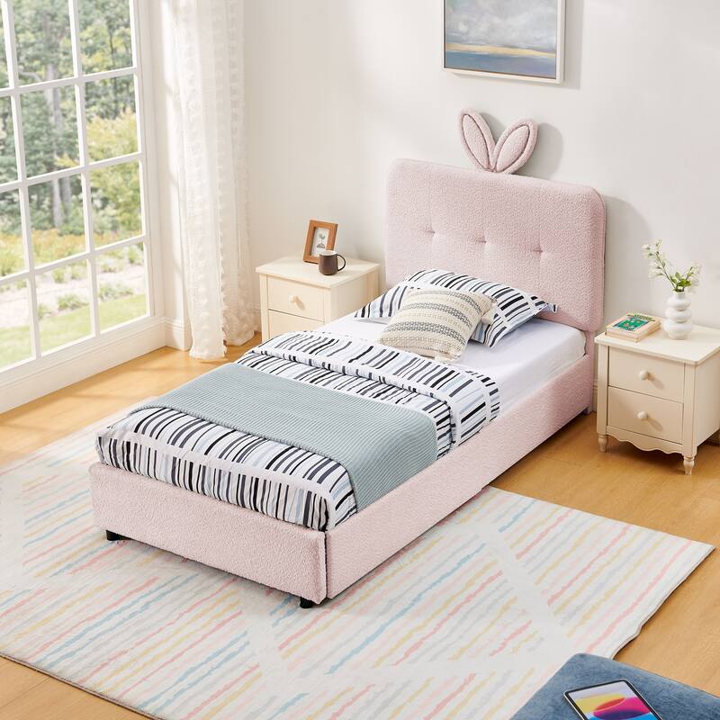 Kids Boucle Upholstered Bed with Rabbit Ear Headboard, LED Music Sync & 4 Drawers