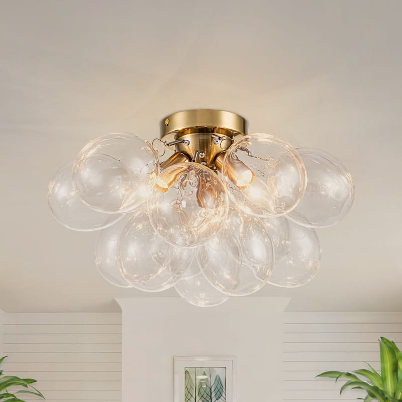 Starsky 3-Light 17in. Contemporary Glass Bubble Semi Flush Mount - Clear Bubble - Gold