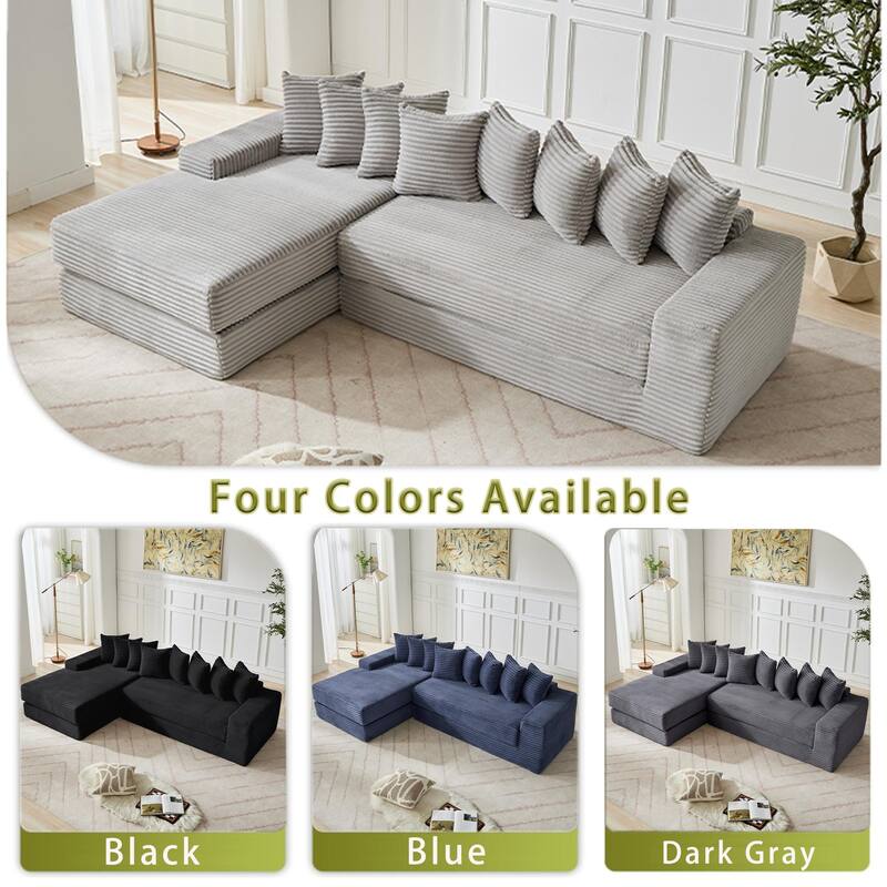 Floor Sleeper Sofa Bed Convertible L-shaped Modular Sectional Couch with Chaise, Corduroy Compression Sofa with Side Pockets