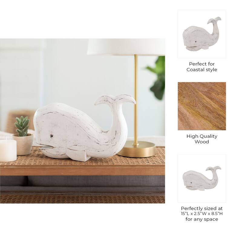 Handcrafted Wooden Whale Figurine Sculpture - 15", White - 15.0"