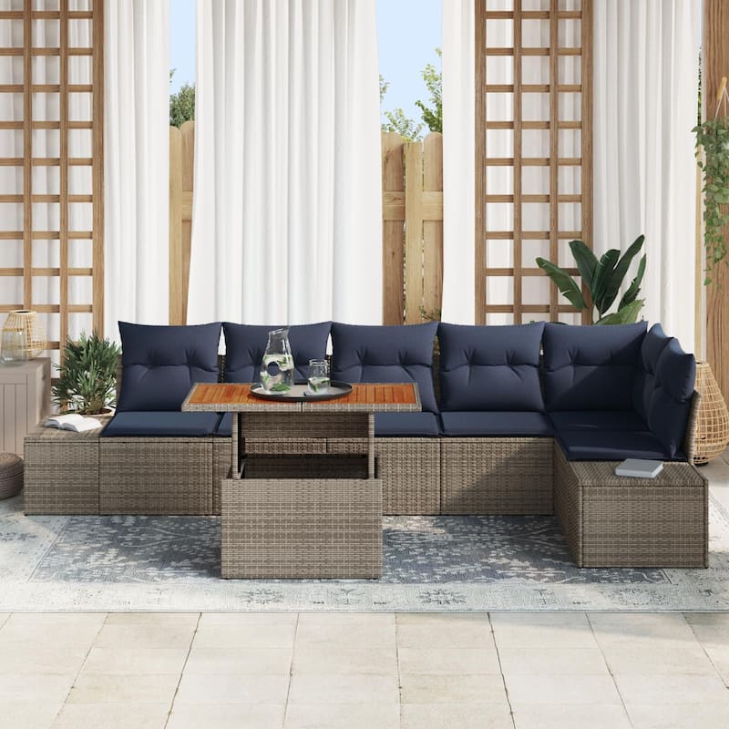 vidaXL 7 Garden Sofa Set with Cushions Black/Grey Poly Rattan - 125.6 x 60.6 x 27.2