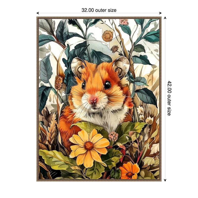 Hamster in Flowers by Justyna Jaszke Framed Canvas Wall Art - 32 x 42 in
