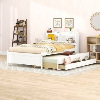 Superior Quality Captain Bed with Type-C USB Ports, Wood Platform Full Bed Frame with LED Light Headboard & Trundle, White