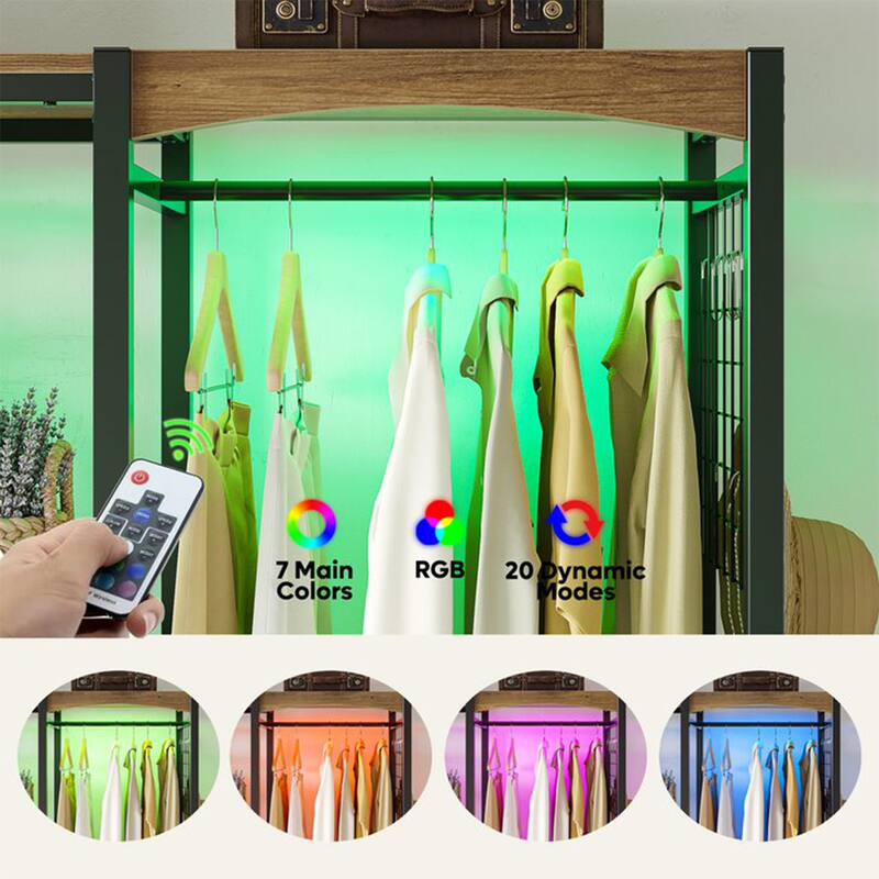 Bestier Metal Freestand Wardrobe w/Wood Shelves & Color Changing Lights, Oak - 77.73