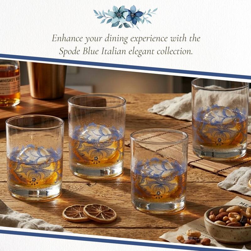 Spode Blue Italian Set of 4 Double Old Fashioned Glasses - 14 oz