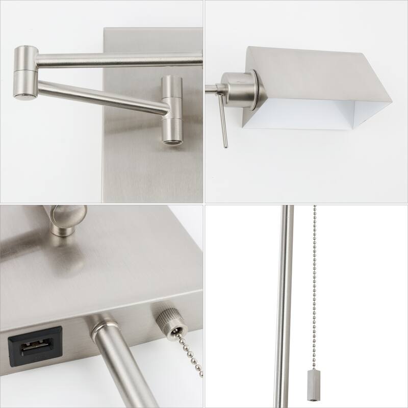 Curtis Farmhouse Swing Arm Plug-In or Hardwired Iron LED Wall Sconce with Pull-Chain with USB Charging Port, by JONATHAN Y