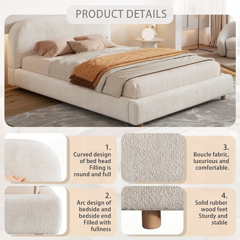 Upholstered Platform Bed with Curve-Shaped Design Headboard