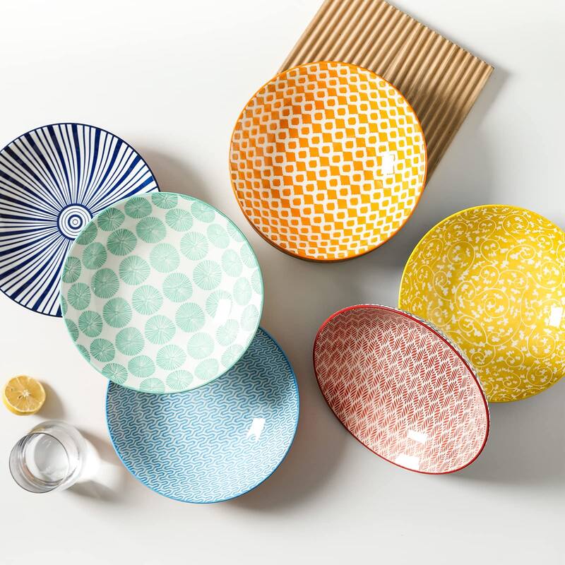 Porcelain 40oz Large Bowls 9 inch Big Pasta Salad Bowls, Microwave and Oven Safe,Set of 6