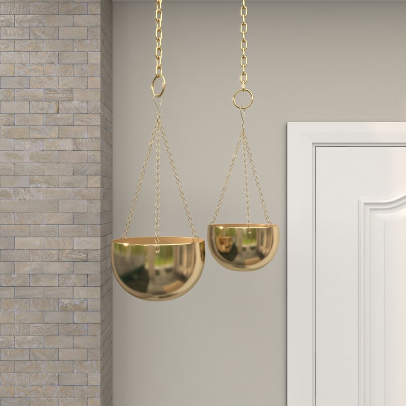 Black, Gold or Silver Metal Indoor Outdoor Hanging Dome Wall Planter with Chain (Set of 2)
