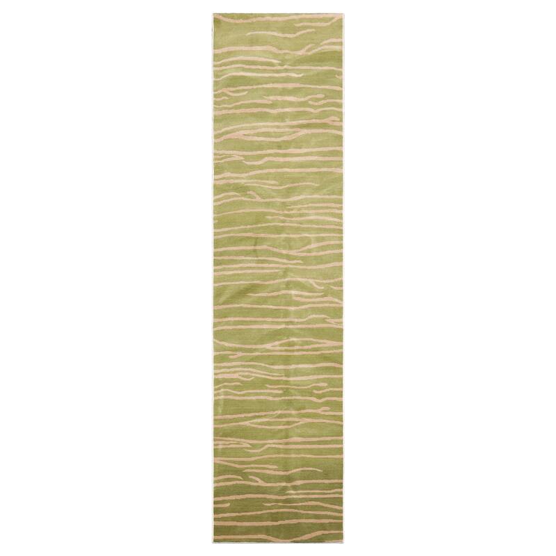 Lime Hand Knotted Wool Runner Graphic Tibetan Rug 2'7"x9'10" - 2' 7'' x 9' 10''