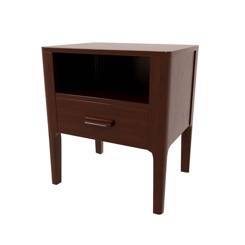 GDFStudio - Miri Mid-Century Modern Solid Bamboo Wood Nightstand with Drawer & Open Shelf, Softly Curved Edges Design