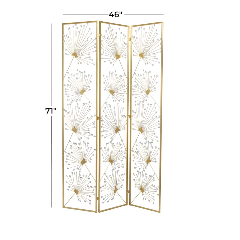 Metal Floral Hinged Foldable Partition 3 Panel Room Divider Screen with Crystal Embellishments - Gold - Roche River Decor