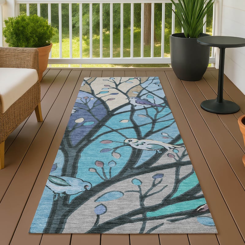 Machine Washable Indoor/ Outdoor Bird Mosaic Chantille Rug - Blue - 2'3" x 7'6"
