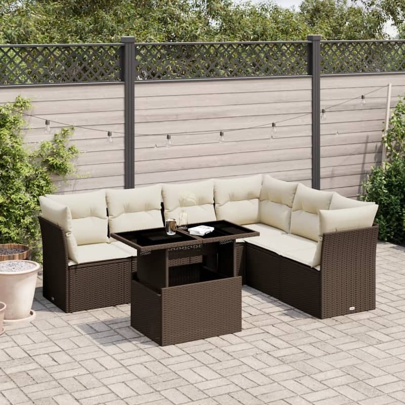 vidaXL Patio Sofa Set with Cushions Outdoor Furniture 7 Piece Poly Rattan - 21.7 x 39.4 x 28.7 in - Brown and cream