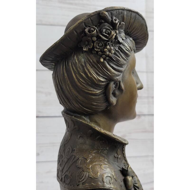 Victorian Era Woman In Feathered Hat Bronze Bust Statue Sculpture 11 Inches X 5 Inches