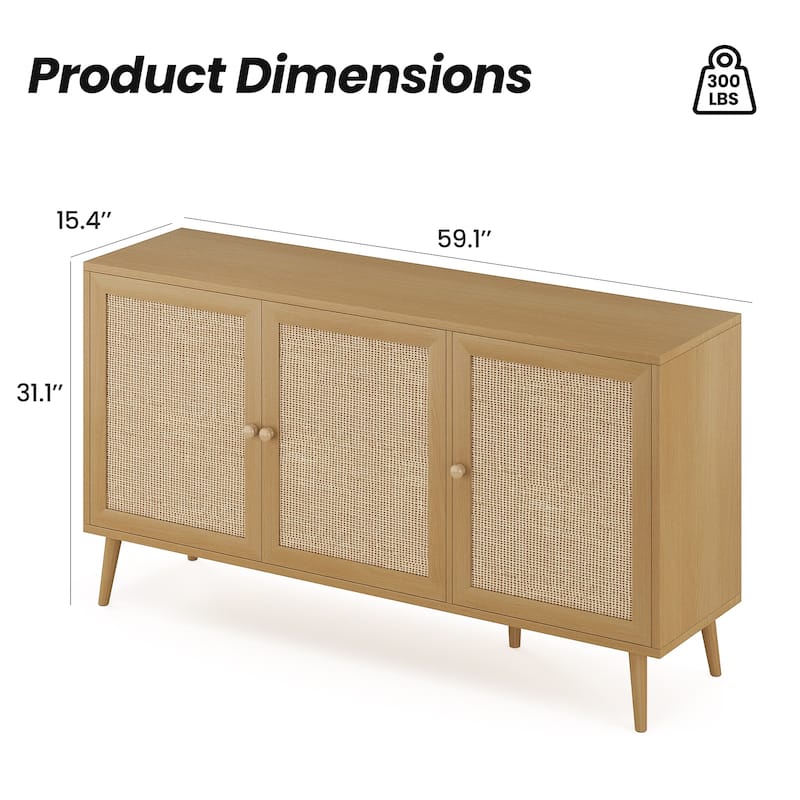 Sideboard Buffet Cabinet with 3 Rattan Doors,Modern Kitchen Storage Console Cabinet for Entryway Living Room (Large)