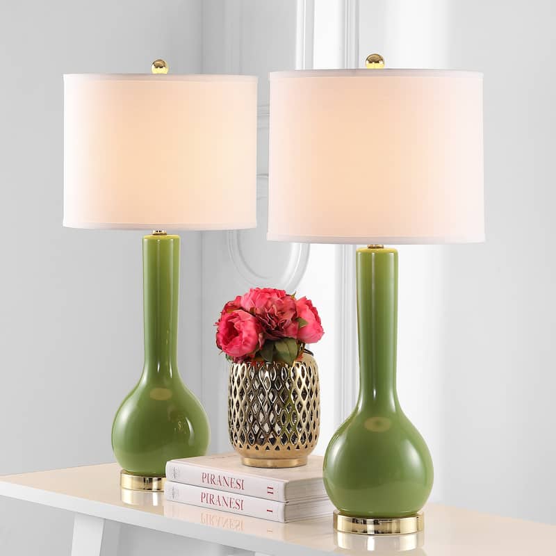 SAFAVIEH Lighting 31-inch Mae Long Neck Ceramic Green Table Lamp (Set of 2) - 14"x14"x30.5"