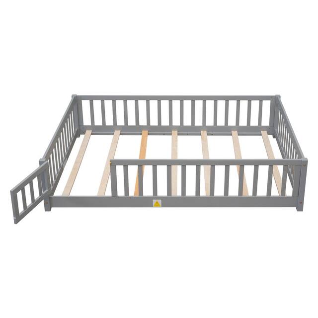 Twin/Full/Queen size Floor Platform Bed with Fence and Door for Kids, Toddlers