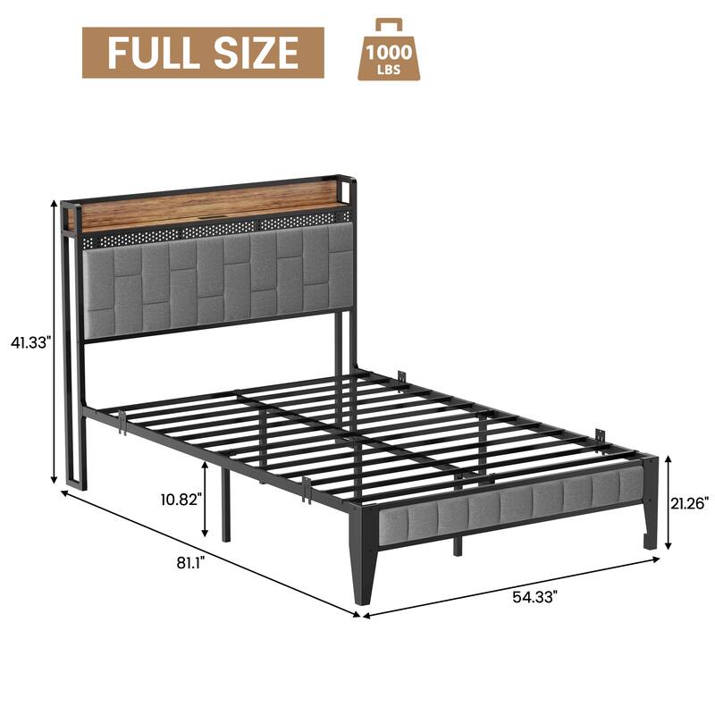 Bed Frame with LED Light and Storage Headboard