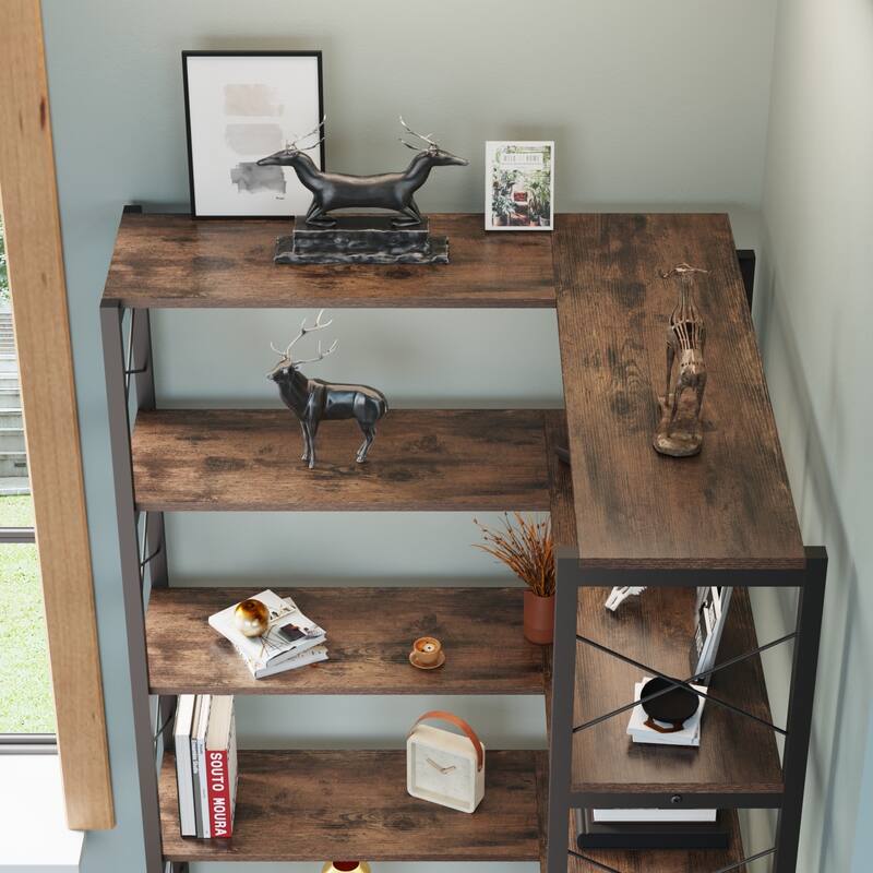 6-Shelf Corner Bookcase, Vintage Industrial Corner Shelf Stand Etagere Bookcase