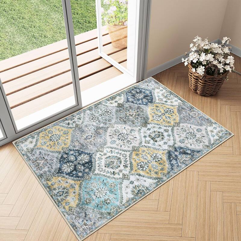 Rugs for Living Room Vintage Oriental Trellis Area Rug Soft Non Slip Low Pile Accent Rugs for Dining Room Office