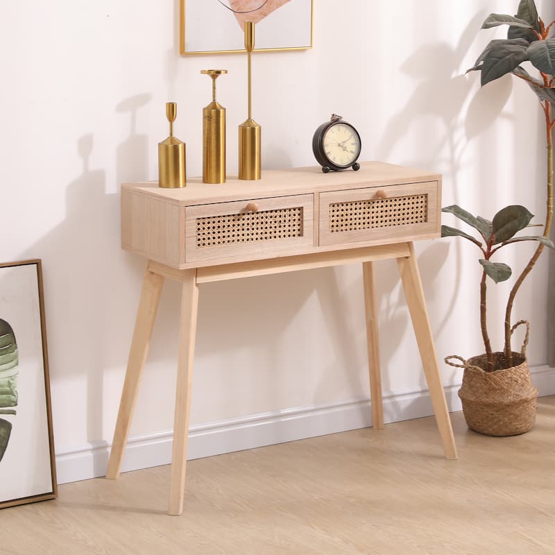 Side table with two real rattan drawers, solid wood table legs,can be used in the dining room, living room,bedroom,entrance - Natural Wood