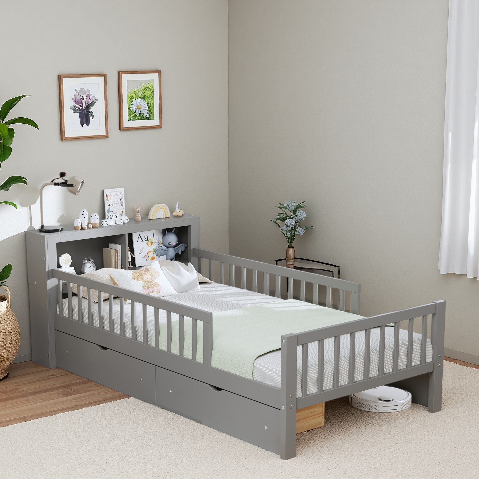 Twin Size Wood Storage Bed with Headboard Storage Rack, 2 Under-Bed Drawers, and 3-Side Guardrails