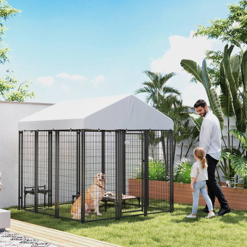 Silver-Black Steel Outdoor Dog Kennel with PE Cover and Large Area - 70.8" W x 70.8" D x 72" H