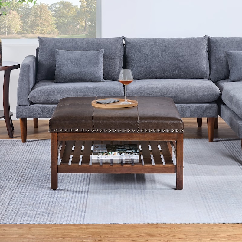 Coffee Table Cocktail Ottoman with Storage Shelf - Large Upholstered Centerpiece with Open Shelf for Storage and Decor