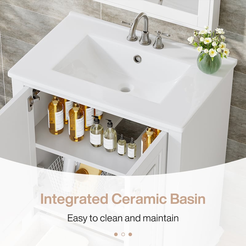 24'' Modern Freestanding Solid Wood Bathroom Vanity with Ceramic Sink, Adjustable Shelf Storage