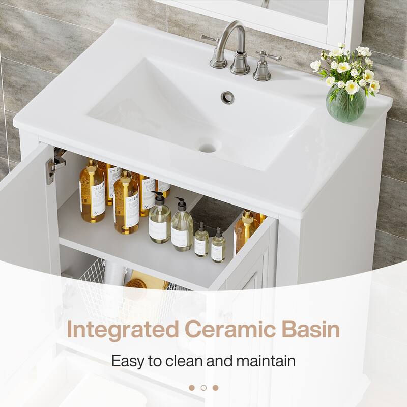 24 Inches Solid Wood Modern Bathroom Vanity with Ceramic Sink, Adjustable Shelf Storage