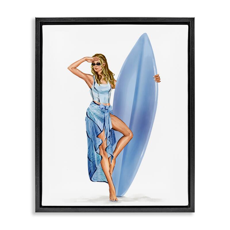 Stupell Trendy Surfer Girl in Blue Framed Floater Canvas Wall Art Design By Ziwei Li - 17 x 21 - Black