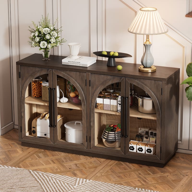 Four-Door Arched Buffet Sideboard with Glass Fronts and Adjustable Shelving, Ideal for Kitchen, Dining, or Living Room Storage.
