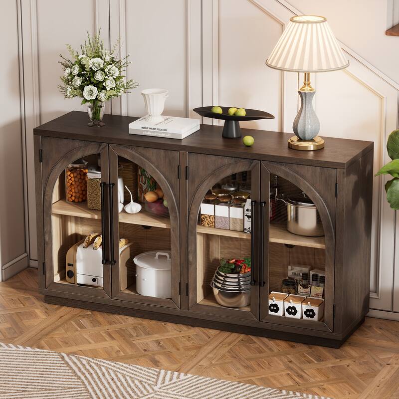 Wood Sideboard with Metal Handles, 4 Door Storage Sideboard with Glass Doors, Buffet Cabinet with Adjustable Shelves