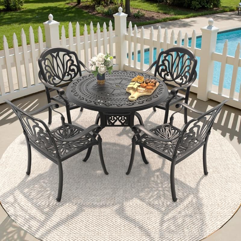 3/5-Piece Cast Aluminum Outdoor Dining Set with 39.37 in. Round Table and Seat Cushions