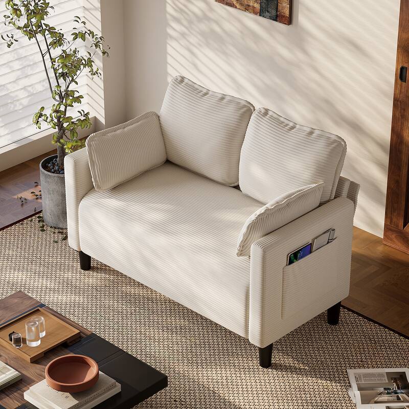 Beige 2-Seater Sofa with Side Pocket, Minimalist Living Room Loveseat Two-Seat Sofa Couch with Wood Frame