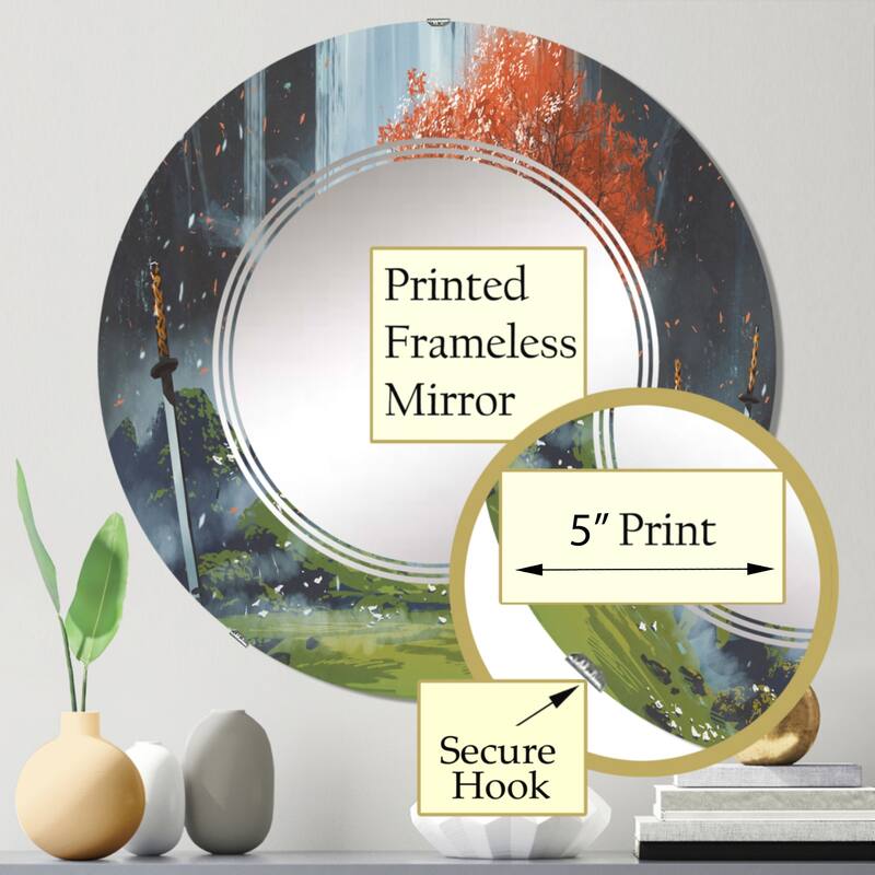Designart 'Samurai Standing In Waterfall Garden With Swords' Printed Traditional Wall Mirror