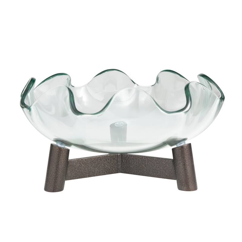 Clear Glass Floral Inspired Serving Bowl with Bronze Hammered Y-Shaped Stand