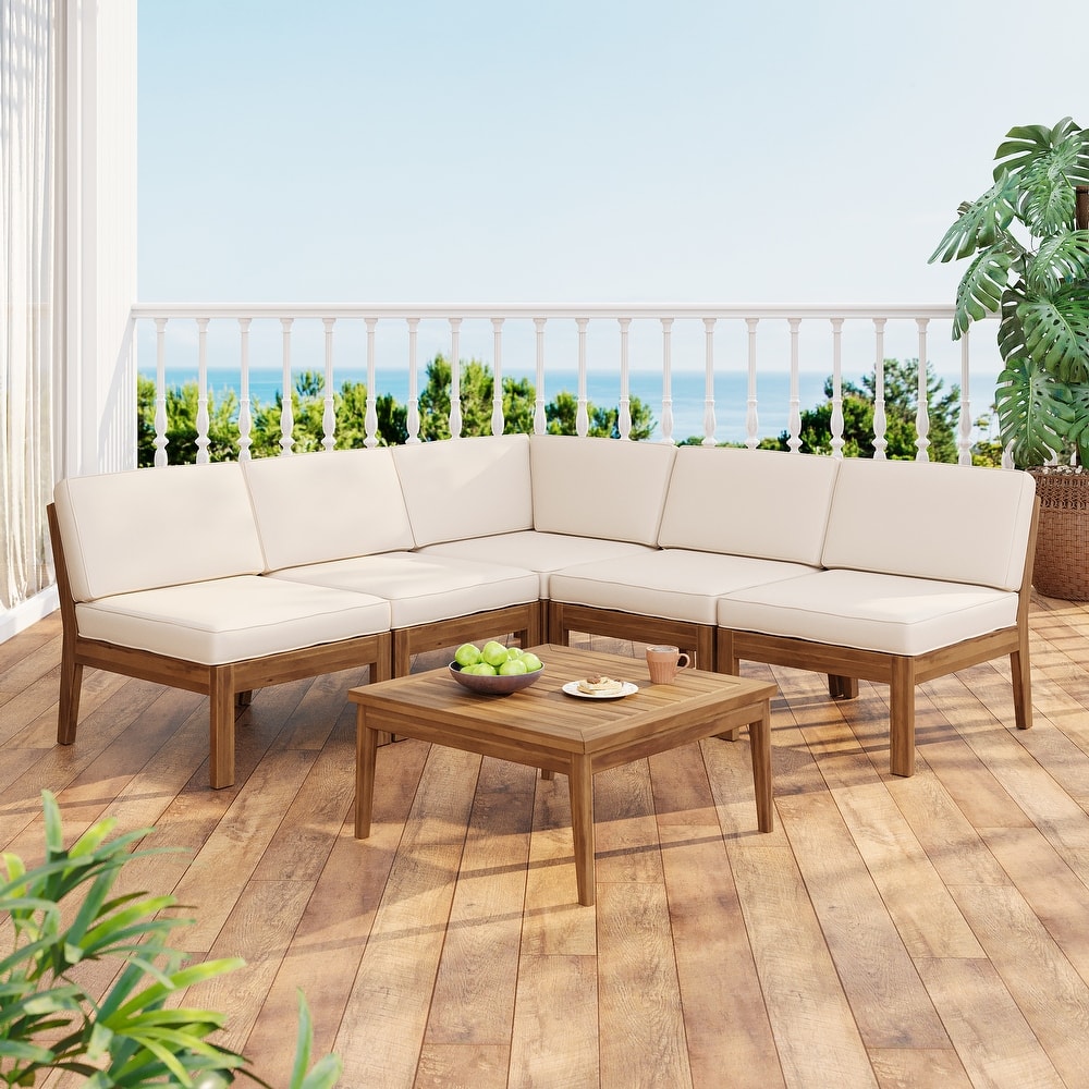 Christopher Knight Home - Xanthe Acacia Wood Patio 6 Piece Sectional Sofa Set with Water Resistant Cushion