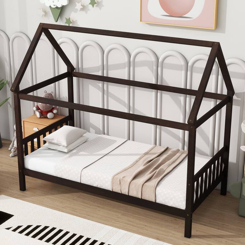 House-Shaped Twin Bed with Headboard & Footboard, Rubber Wood Frame in Espresso