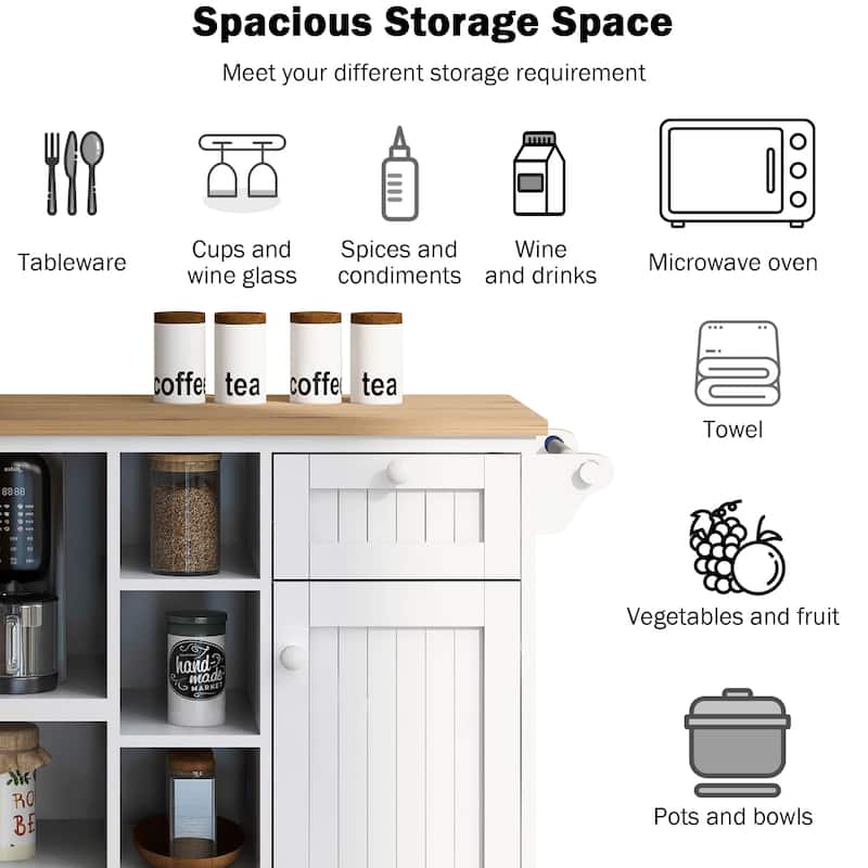 Island Cart with Storage Cabinet and Two Locking Wheels, wood desktop,Microwave cabinet,Floor Standing Buffet Server Sideboard